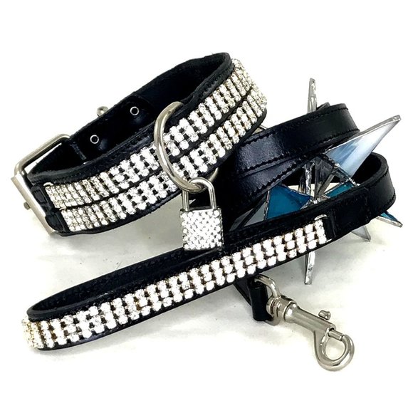 Marilyn Double Crystal Leather Collar & Leash, 14"-16" - Picture 1 of 4